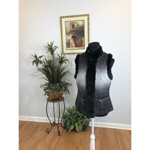 Peter Nygard Open Front Vest Trim Faux Fur Small Black Gray Ombré Quilted Y2Y